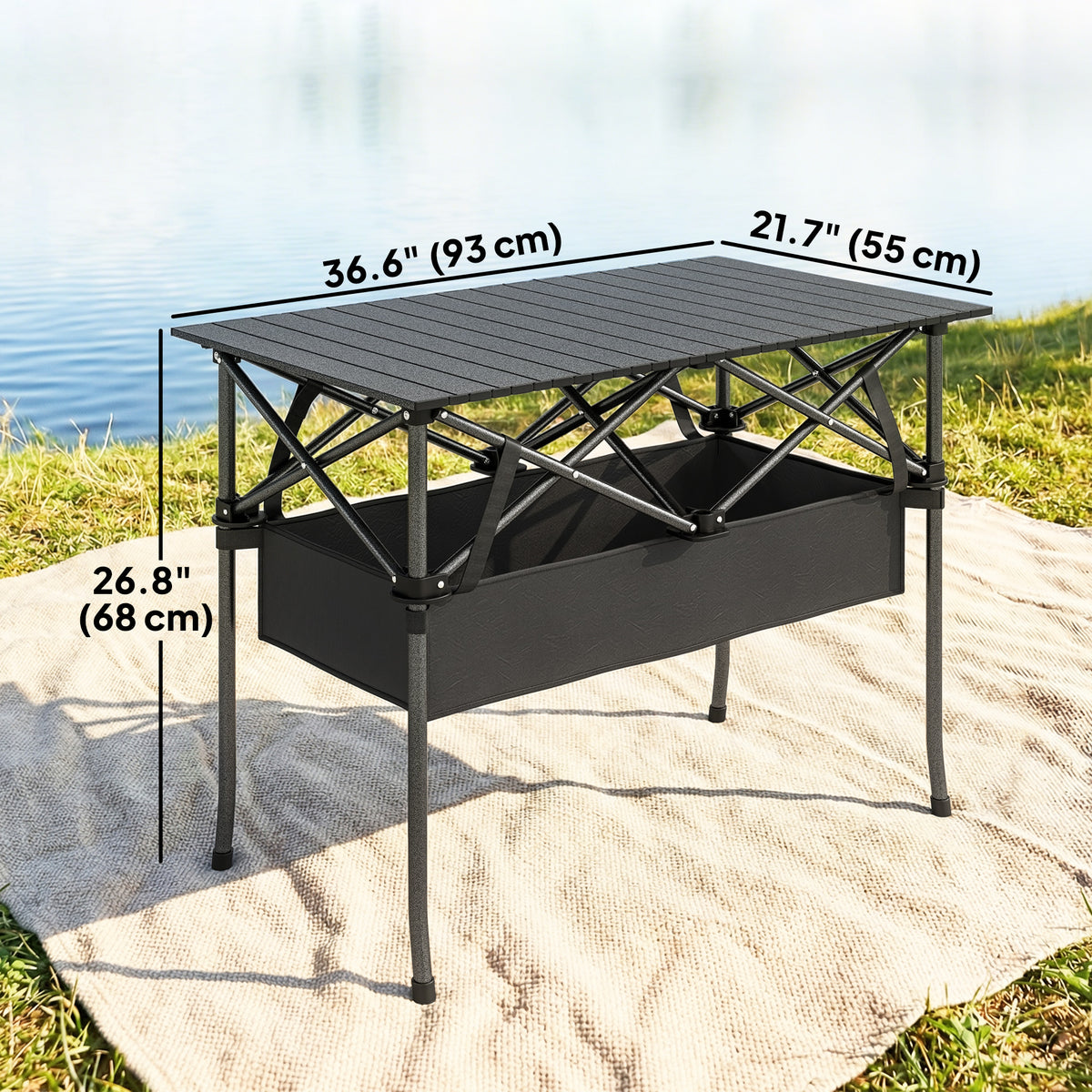 3ft Folding Camping Table, Picnic Table with Mesh Storage Net, Carrying Bag and Metal Frame, Black
