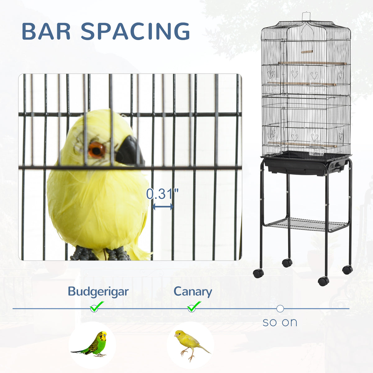 62" Rolling Bird Cage Cockatoo House Play Top Finch Pet Supply with Storage Shelf, Wheels - Black – view 5