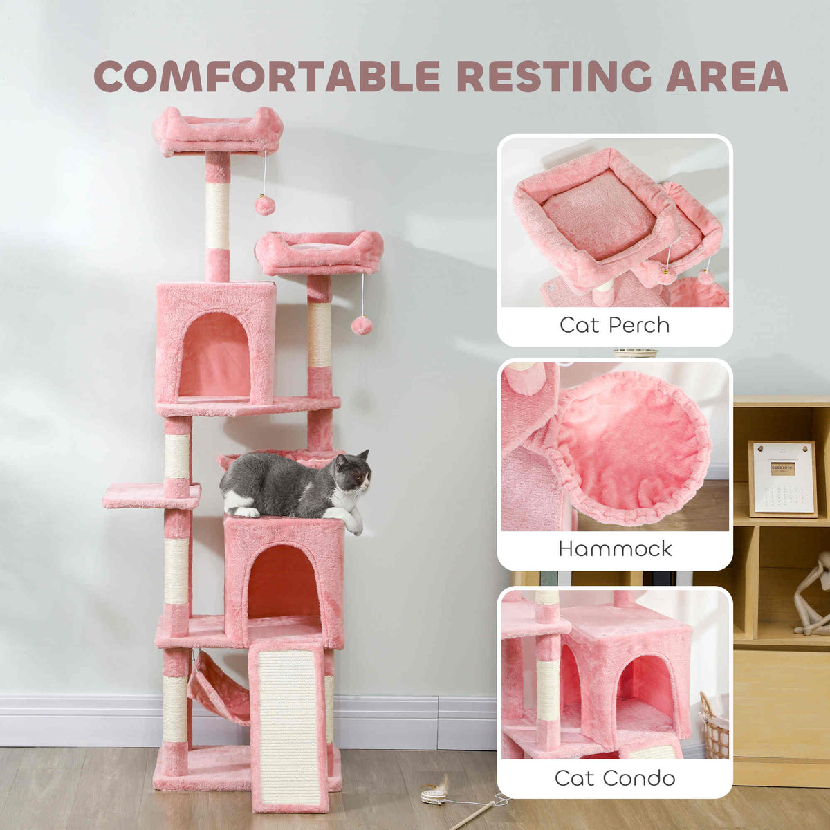 Cat Tree, 70" Multi-Level Cat Tower with 2 Condos, 2 Perches, Hammock, Toy Balls – view 25
