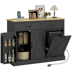 7 Gallon Tilt Out Garbage Cabinet, Kitchen Island with Charging Station, 2 Drawers, 4 Door Racks, Black