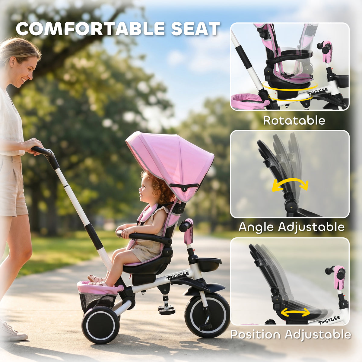 Aosom Tricycle for Toddler 6-in-1 Kids Trike, Foldable Converts Stroller to Baby Push Bike, Adjustable Backrest with Detachable Guardrail & Handle, Brake for 1-4 Years Old