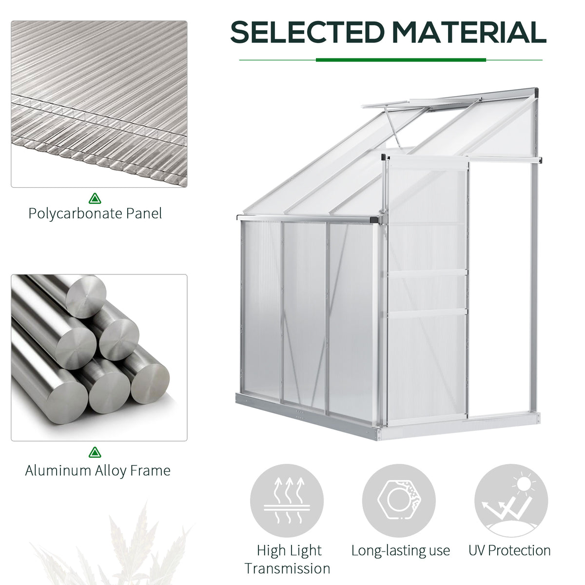 6' x 4' Aluminum Lean-to Greenhouse Polycarbonate Walk-in Garden Greenhouse with Adjustable Roof Vent – view 3