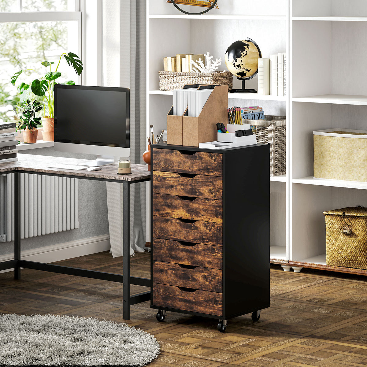 7-drawer Vertical File Cabinet for Home Office, Storage Cabinet with Wheels, 18.7"x15.6"x35.4", Black – view 21