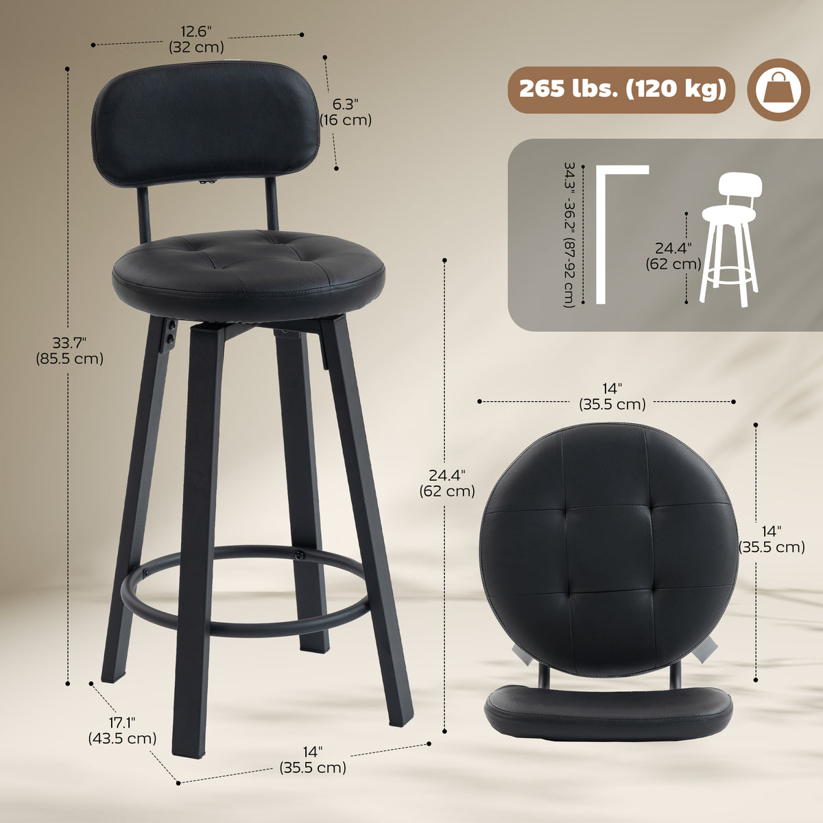 Bar Stools Set of 2, Upholstered Breakfast Bar Chairs with Footrest and Backrest for Kitchen Counter, Black