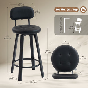Bar Stools Set of 2, Upholstered Breakfast Bar Chairs with Footrest and Backrest for Kitchen Counter, Black