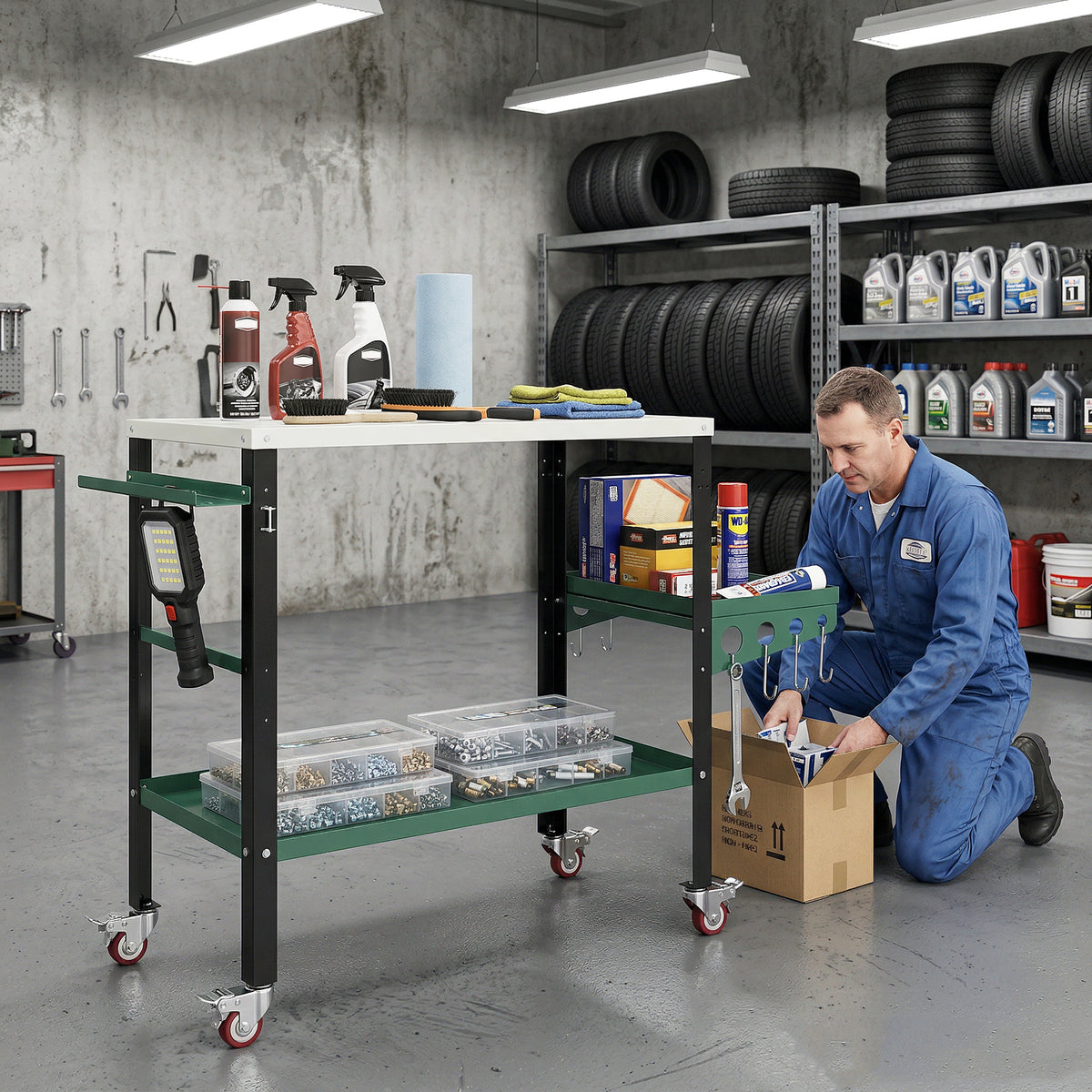 2Tier Rolling Welding Table, Lockable Steel Heavy Duty Welding Workbench Table with Side Tray, Silver & Green