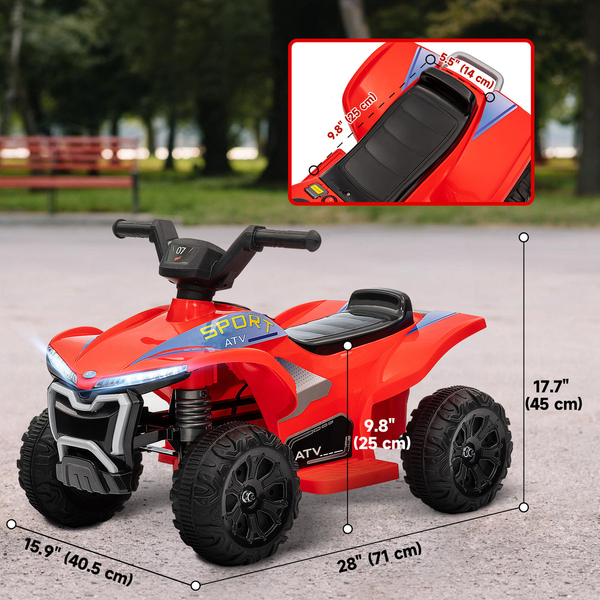 Qaba Kids ATV, 6V Battery Powered Electric Vehicle with Headlights, Music, Forward/Reverse Switch for 18-36 Months, Red