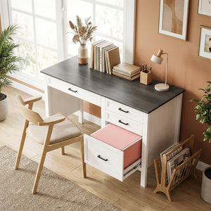 54" Farmhouse Executive Desk, Computer Desk with Drawers, Adjustable Hanging Rails for for A4/Letter Size Files, White