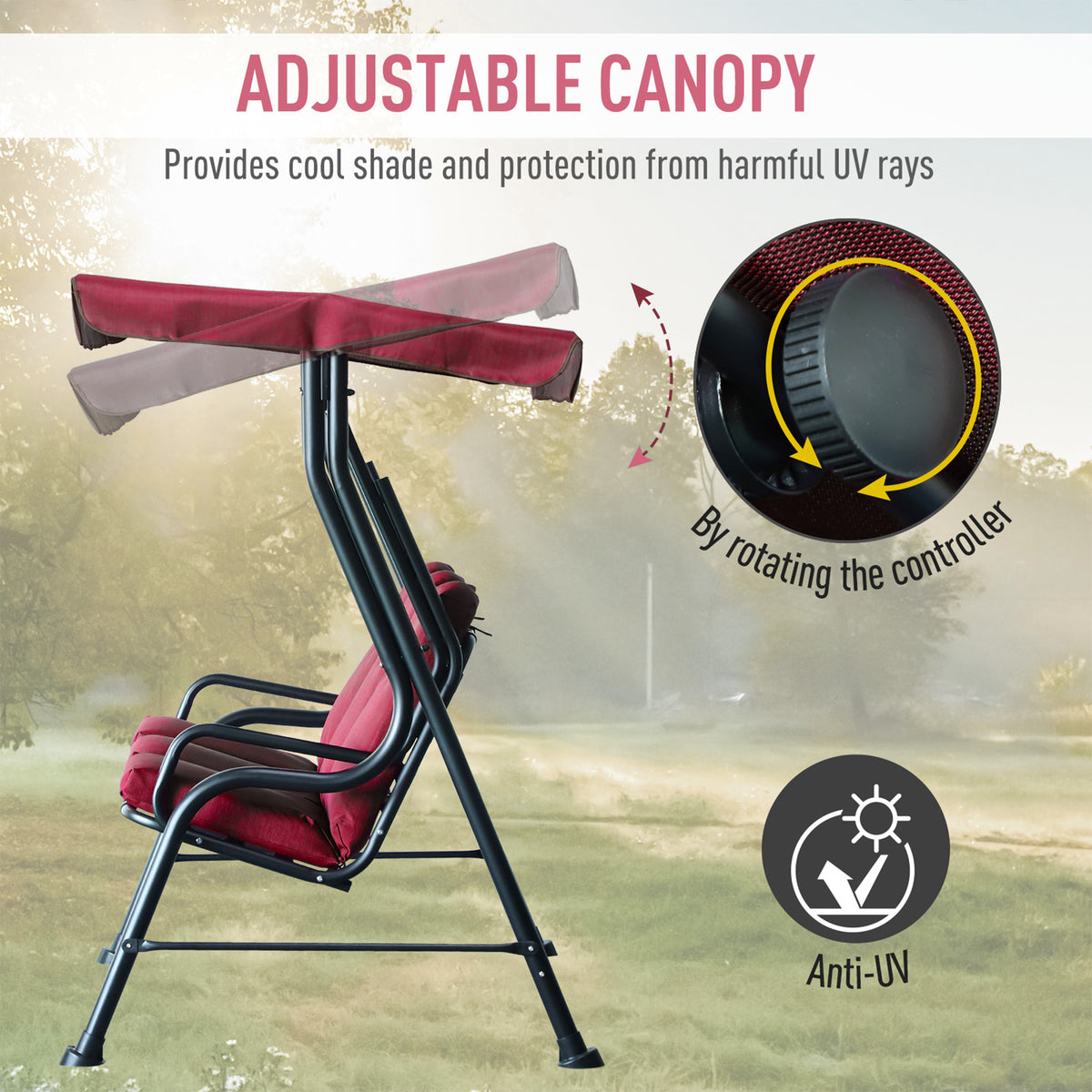 3-Person Porch Swing Chair, Patio Swing Bench with Adjustable Canopy – view 7