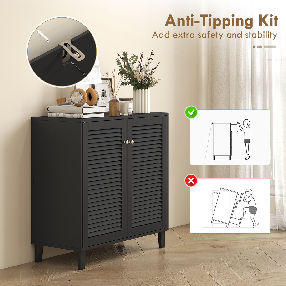 Shoe Cabinet with Adjustable Shelves Shoe Storage Cabinet with 2 Doors for Entryway Hallway Black