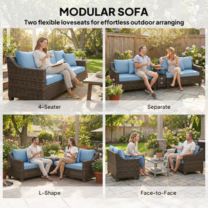 PE Wicker Outdoor Couch Sofa, 4-Seater Modular Patio Furniture Lounge Set with 2 Loveseats, Cushions, Pillows, Blue