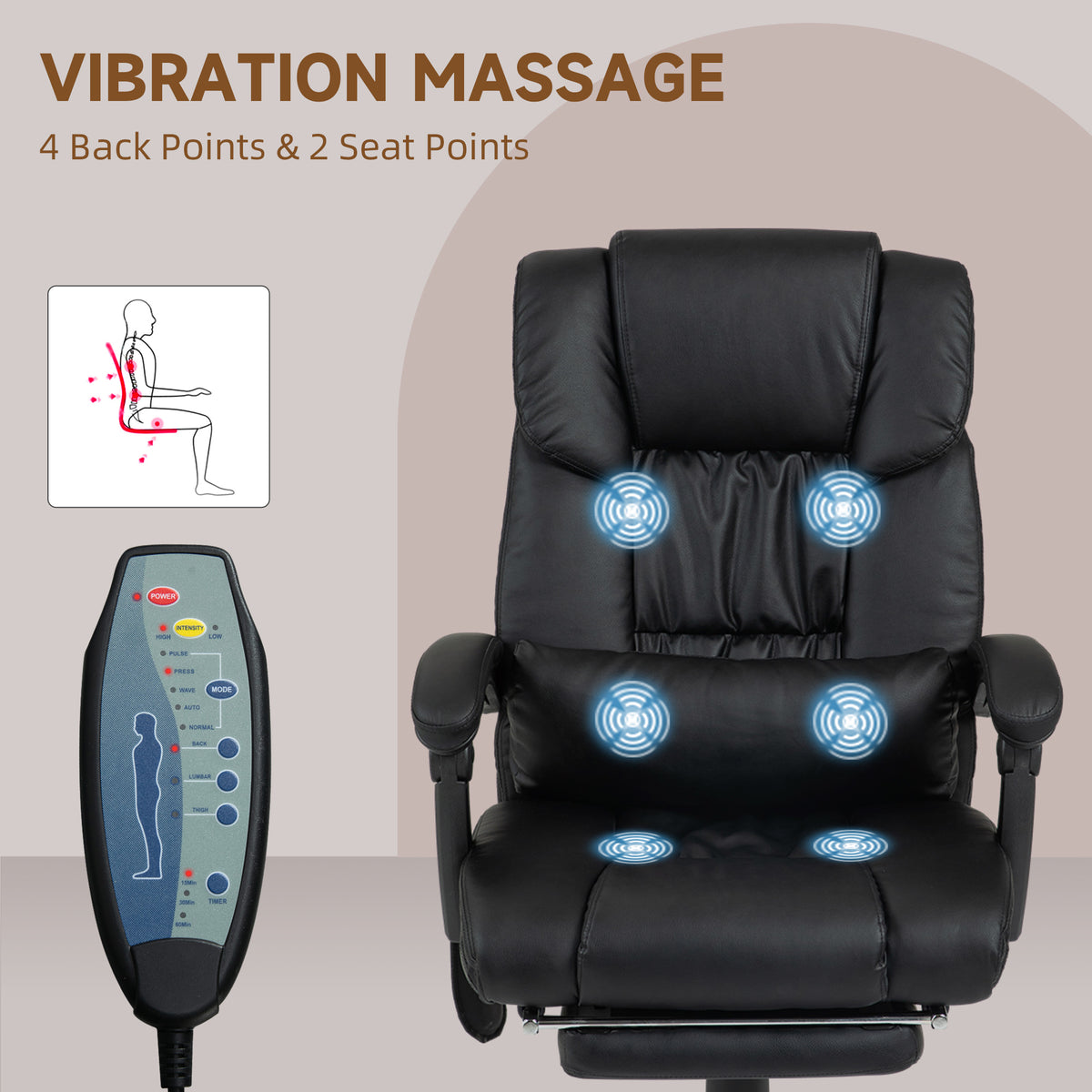 6-Point Vibration Massage Chair, Height Adjustable Reclining Computer Chair with Retractable Footrest, Black – view 5