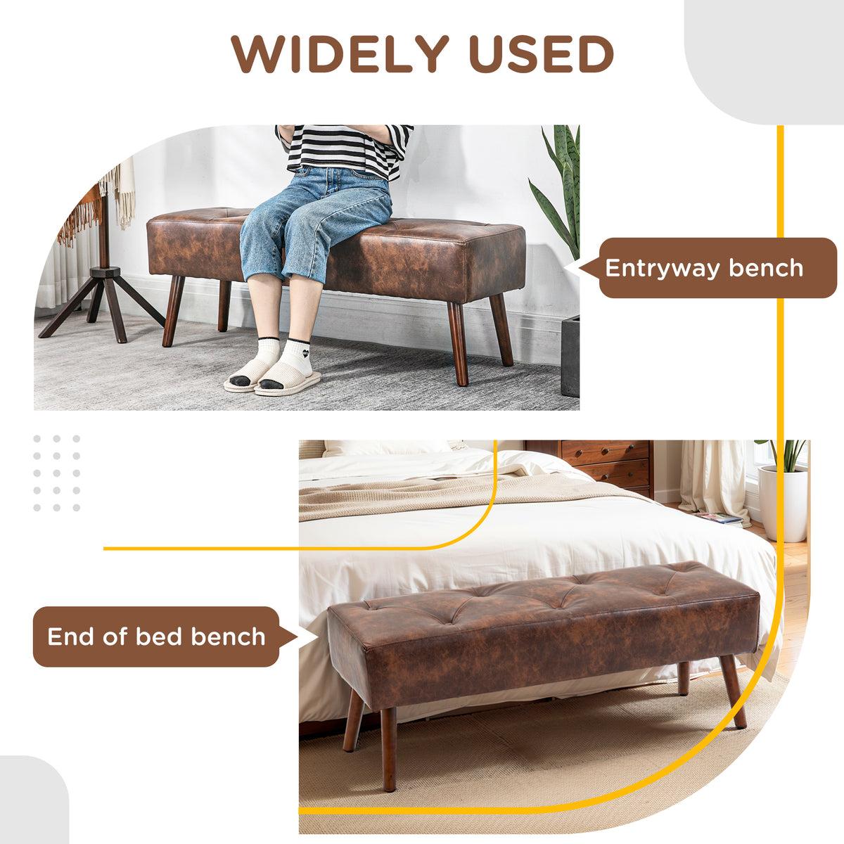 Bedroom Bench, End of Bed Bench with Button Tufted, PU Leather Upholstered Entryway Bench with Wood Legs, Brown