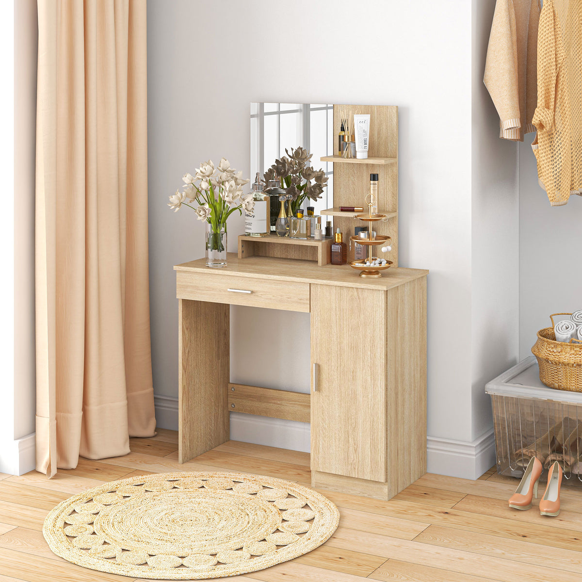 Vanity Desk with Mirror, Makeup Vanity w/ Drawer, Open Compartment and Shelves, Cabinet, Adjustable Shelves for Bedroom