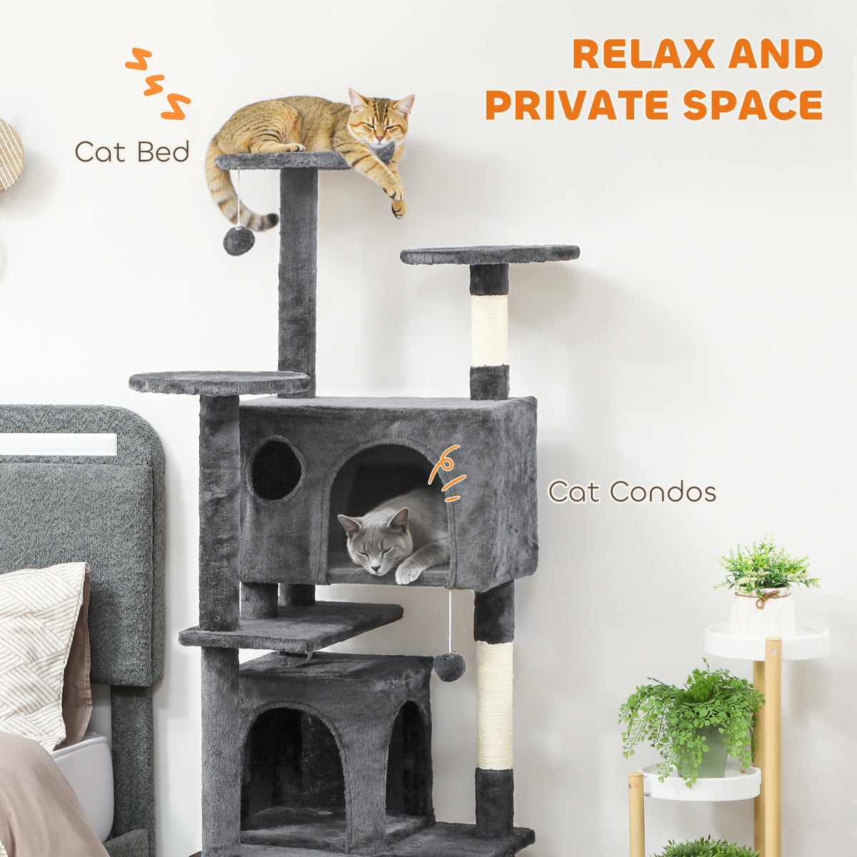 54" Cat Tree, Multi-Level Cat Tower with Scratching Posts, Cat Condos, Bed, Platforms, Ramp, Toy Ball, Beige – view 53
