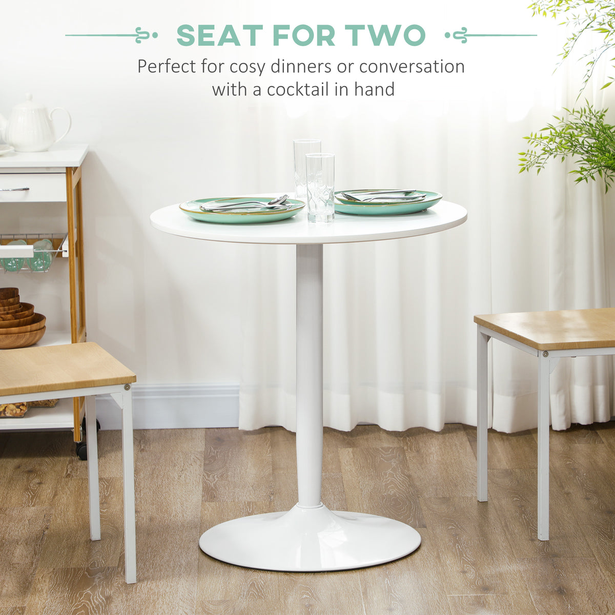 Modern Kitchen Table for 2 people, Round Dining Table with Steel Base for Living Room, Dining Room, White