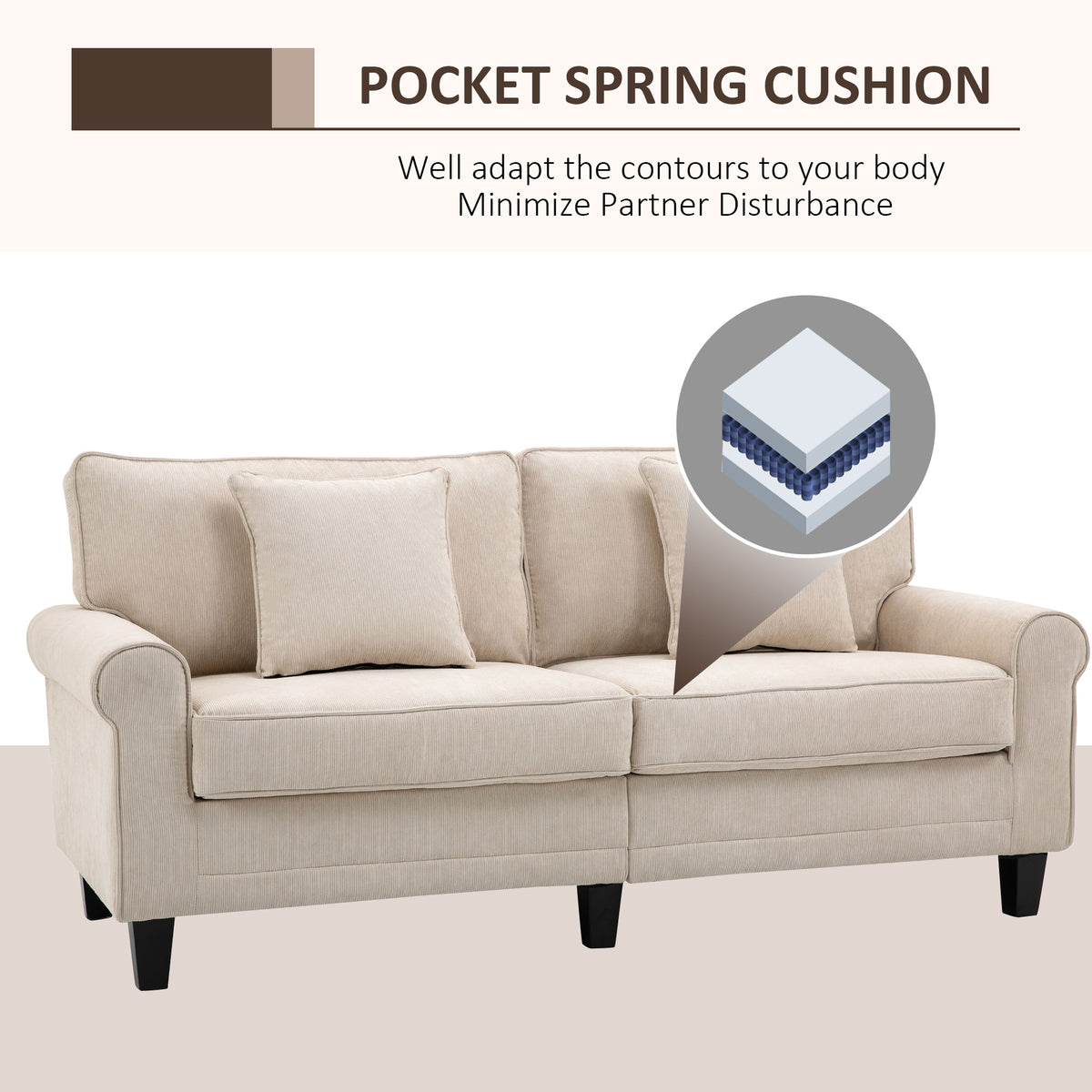 Modern 3 Seater Sofa, Corduroy Fabric 3 Seater Couch with Pine Wood Legs and Rolled Armrests for Living – view 3