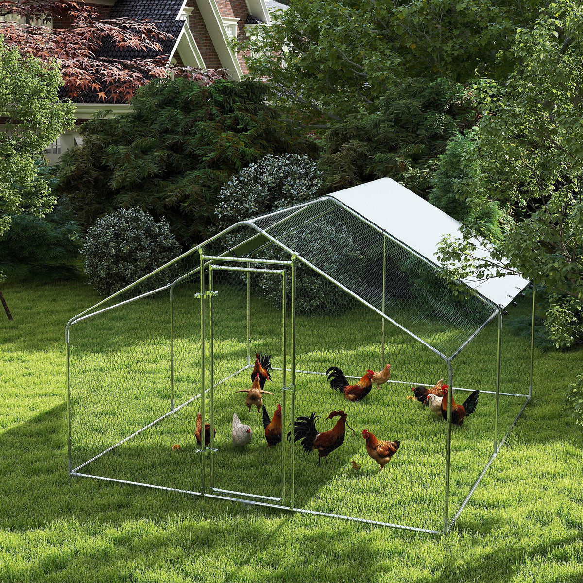 Metal Chicken Coop, 9.8 x 5.6 FT Walk-in Chicken Run with Cover, Lockable Door, Outdoor Poultry Cage for 5-8 Chickens