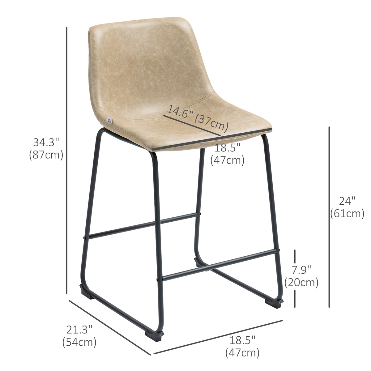 Counter Height Bar Stools Set of 2, Vintage PU Leather Bar Chairs, Kitchen Stool with Footrest, Beige