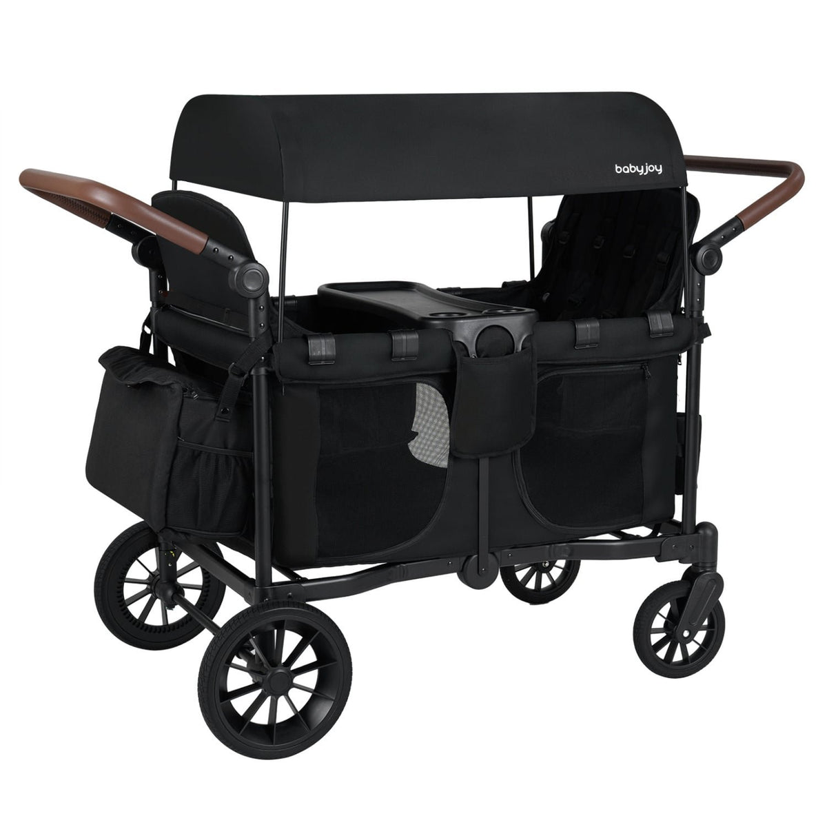 Wagon Stroller for 4 Kids Foldable 4-Seater Push-Pull Toddler Stroller-Black