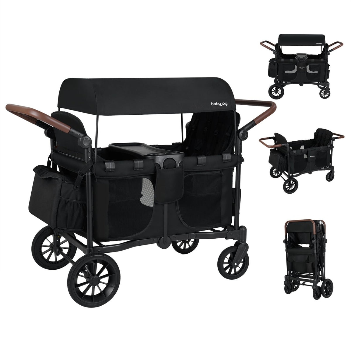 Wagon Stroller for 4 Kids Foldable 4-Seater Push-Pull Toddler Stroller-Black view 2