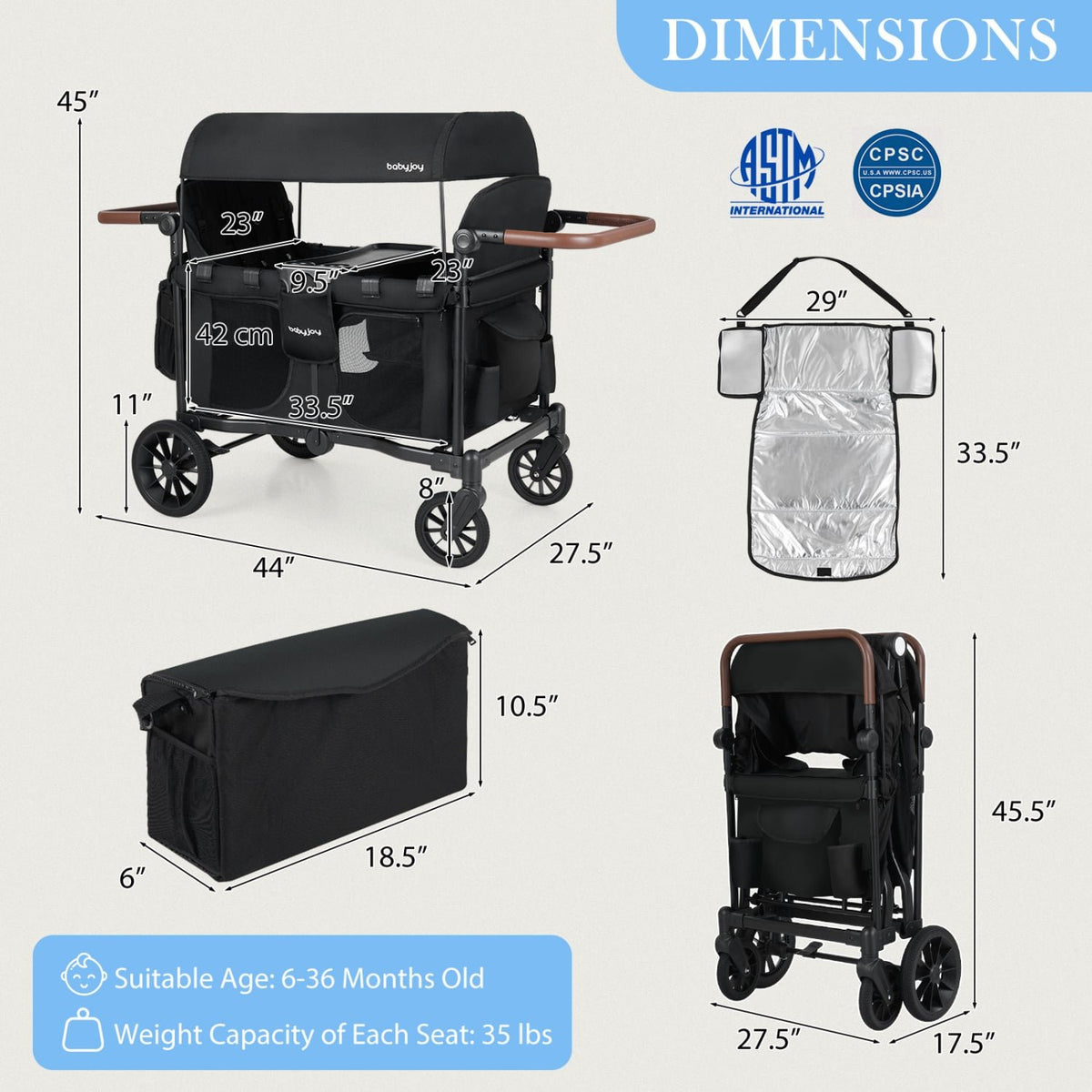 Wagon Stroller for 4 Kids Foldable 4-Seater Push-Pull Toddler Stroller-Black view 3