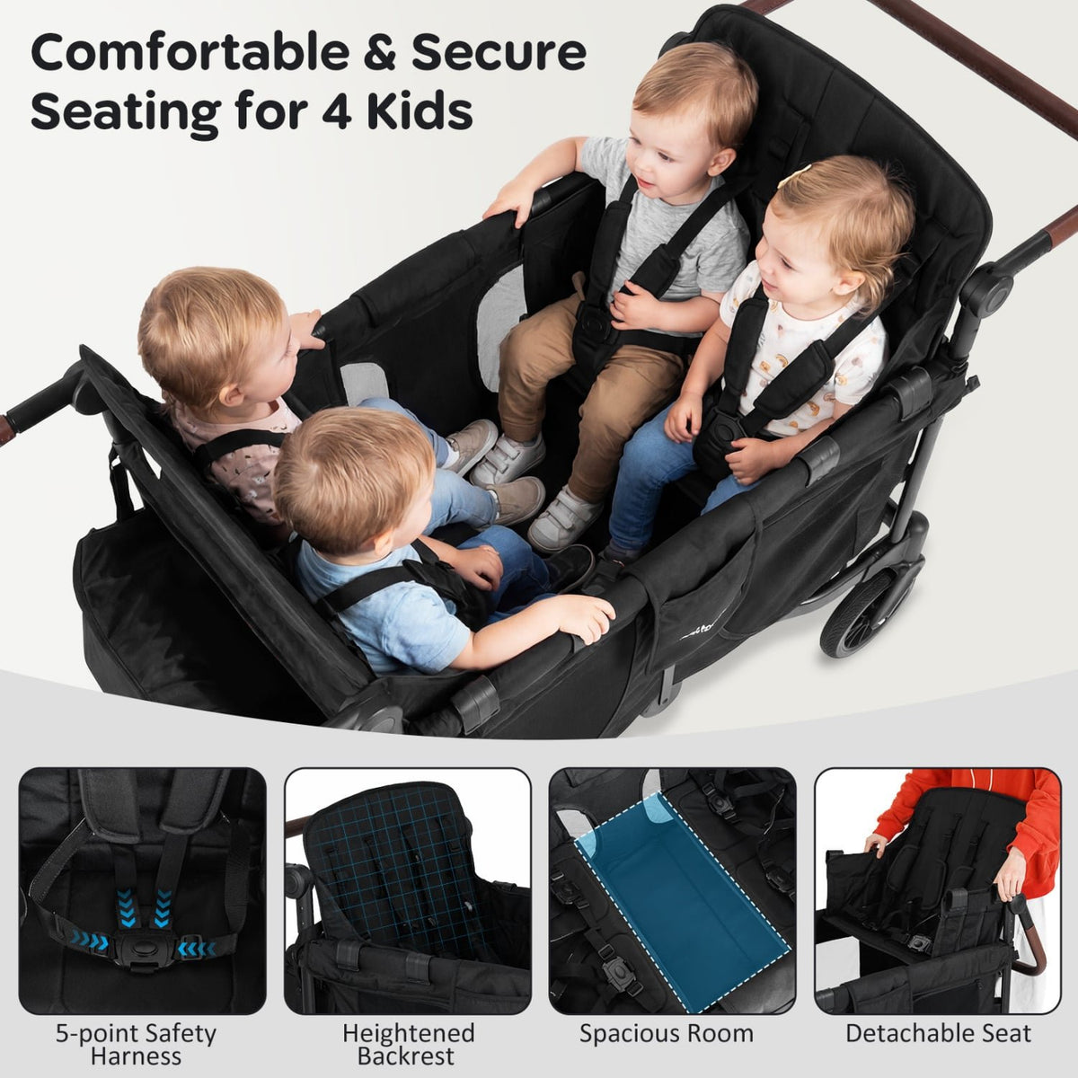 Wagon Stroller for 4 Kids Foldable 4-Seater Push-Pull Toddler Stroller-Black view 7