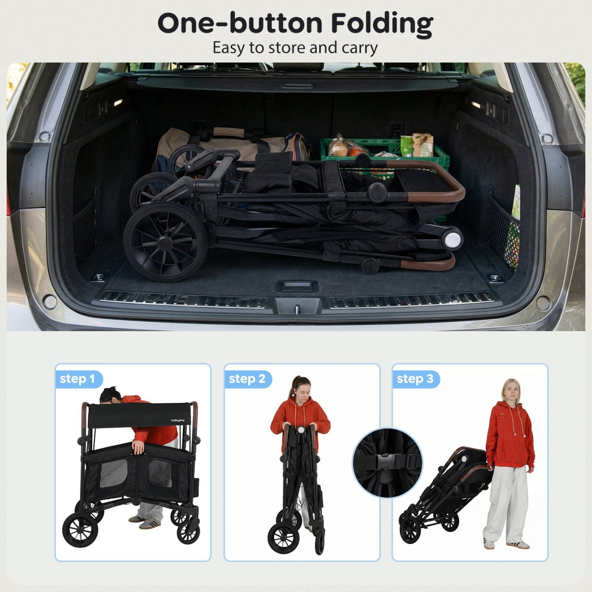 Wagon Stroller for 4 Kids Foldable 4-Seater Push-Pull Toddler Stroller-Black view 9