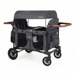 Wagon Stroller for 4 Kids Foldable 4-Seater Push-Pull Toddler Stroller-Gray