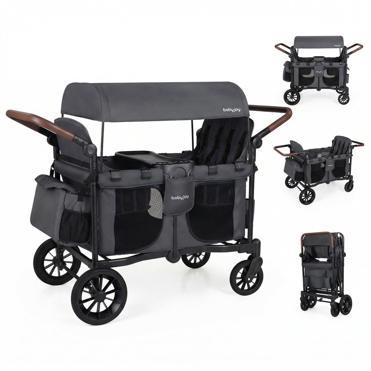 Wagon Stroller for 4 Kids Foldable 4-Seater Push-Pull Toddler Stroller-Gray view 2