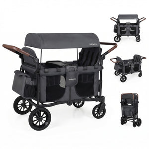Wagon Stroller for 4 Kids Foldable 4-Seater Push-Pull Toddler Stroller-Gray view 2