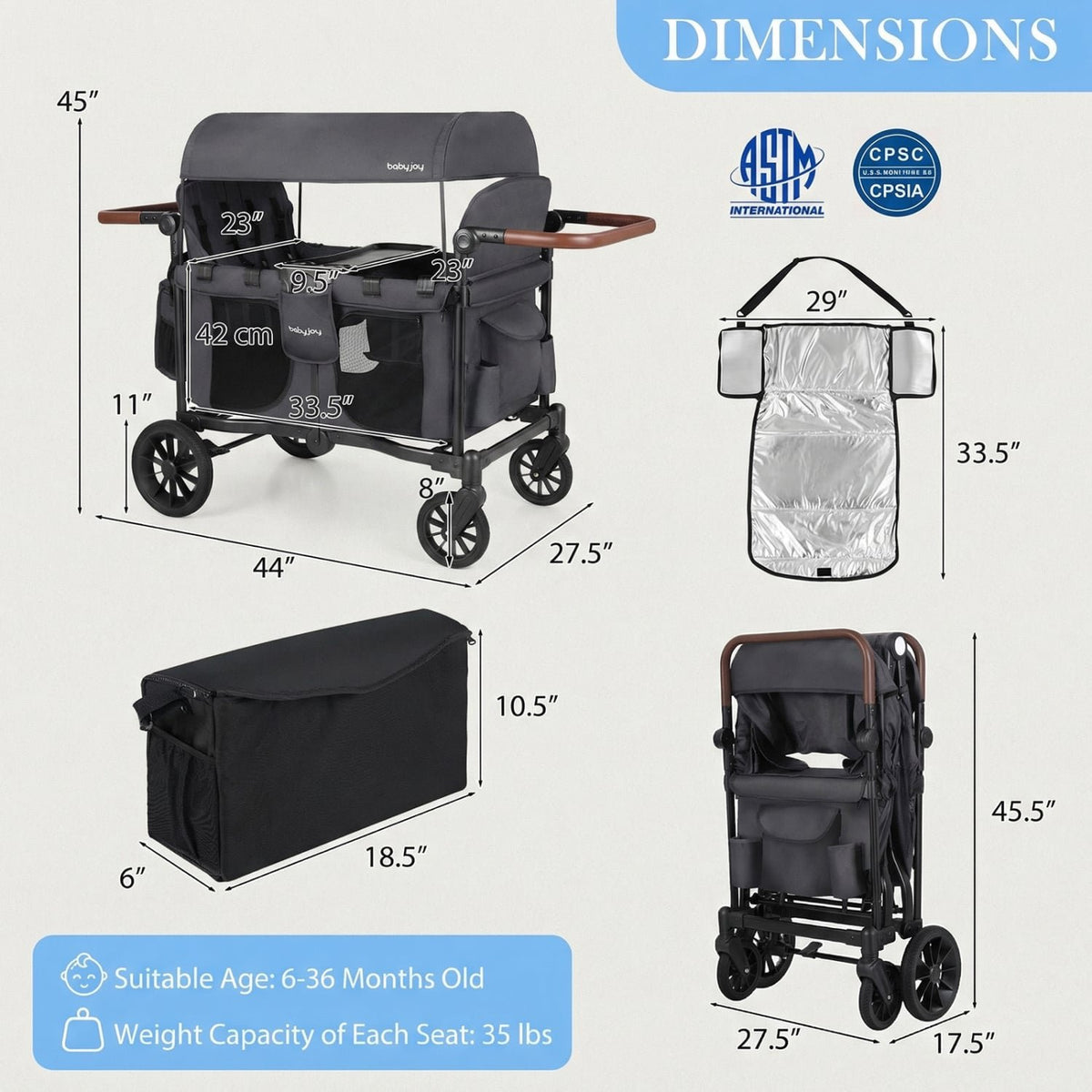 Wagon Stroller for 4 Kids Foldable 4-Seater Push-Pull Toddler Stroller-Gray view 3