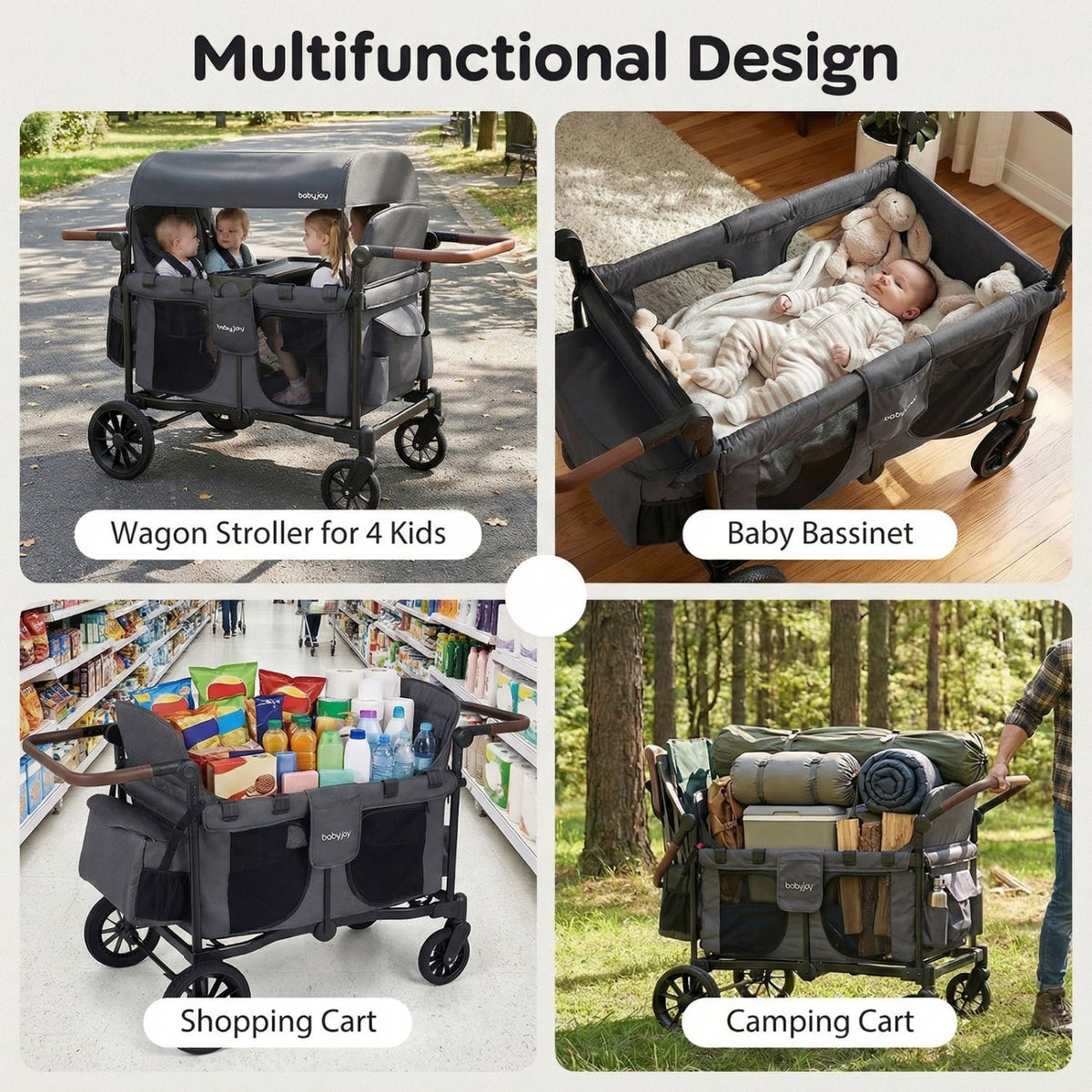 Wagon Stroller for 4 Kids Foldable 4-Seater Push-Pull Toddler Stroller-Gray view 5