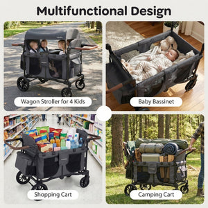 Wagon Stroller for 4 Kids Foldable 4-Seater Push-Pull Toddler Stroller-Gray view 5
