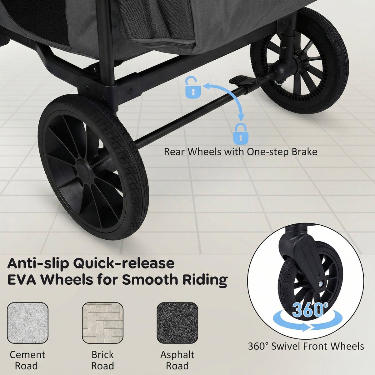 Wagon Stroller for 4 Kids Foldable 4-Seater Push-Pull Toddler Stroller-Gray view 6