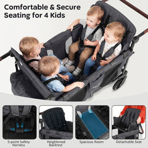 Wagon Stroller for 4 Kids Foldable 4-Seater Push-Pull Toddler Stroller-Gray view 7