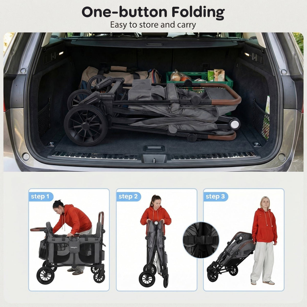 Wagon Stroller for 4 Kids Foldable 4-Seater Push-Pull Toddler Stroller-Gray view 9