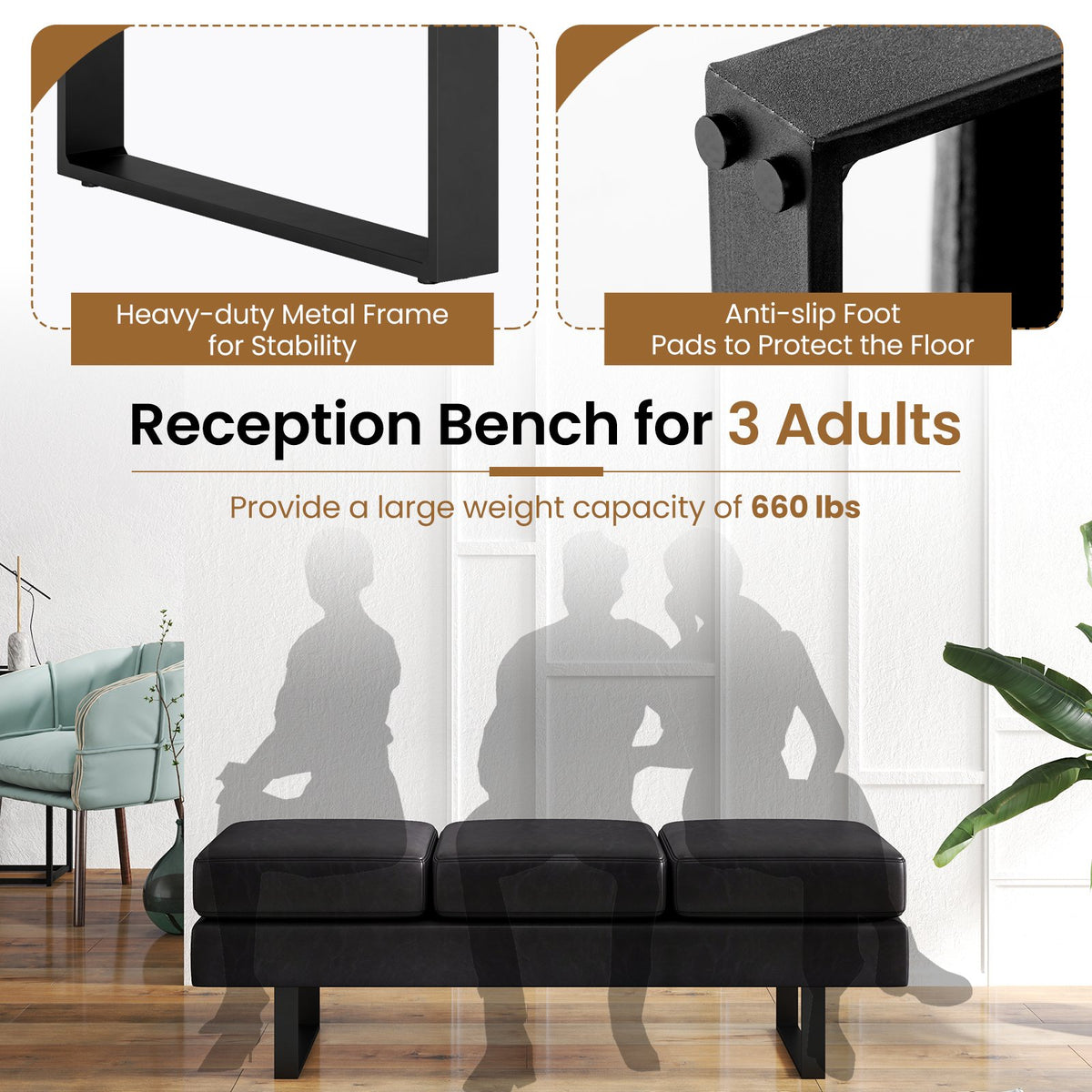 Waiting Room Bench Seating Long Bench with Metal Frame Leg-Black view 6