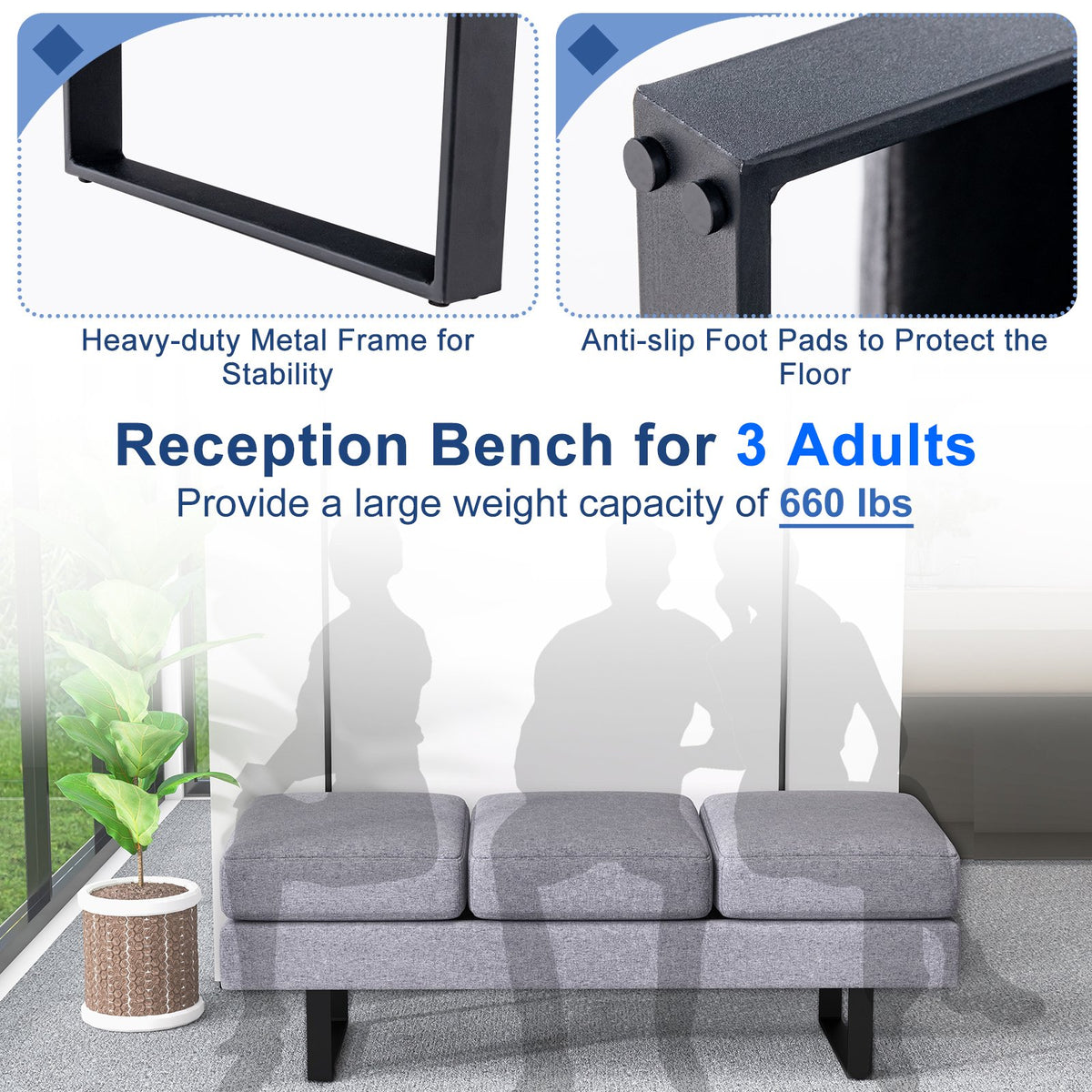Waiting Room Bench Seating Long Bench with Metal Frame Leg-Gray view 6