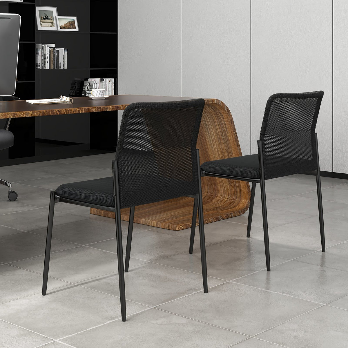 Waiting Room Chair Set of 2 with Ergonomic Mesh Backrest and Padded Seat-Black view 2