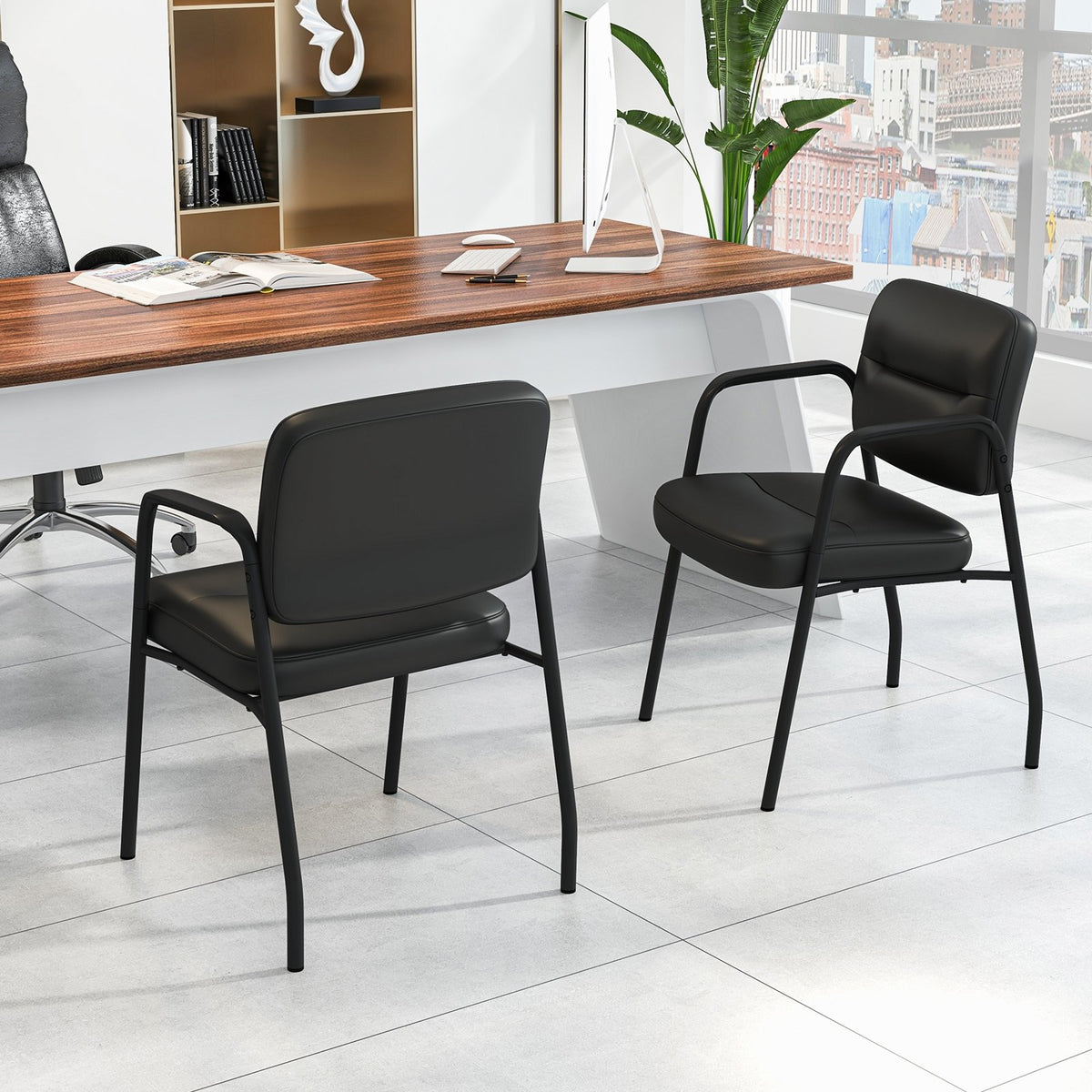 Waiting Room Guest Chair Set of 2 Upholstered Reception Chairs with Mixed PU Leather and Integrated Armrests-Black view 2
