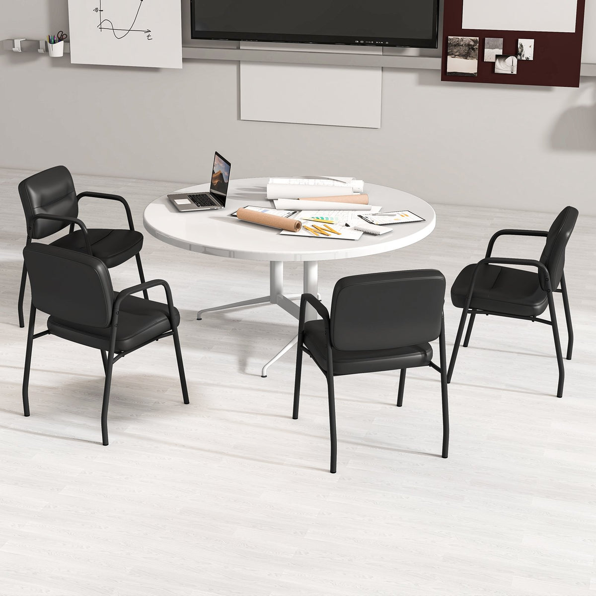 Waiting Room Guest Chair Set of 2 Upholstered Reception Chairs with Mixed PU Leather and Integrated Armrests-Black view 5
