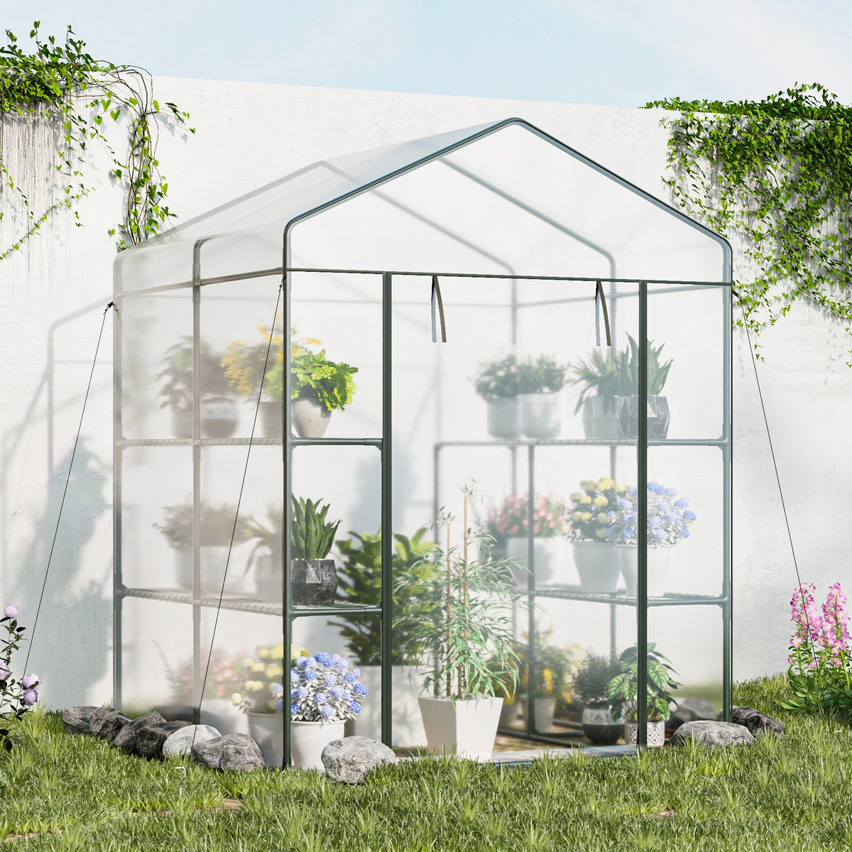 Walk-in Greenhouse with 3 Tiers 8 Shelves PVC Cover Roll-up Zippered Door view 2