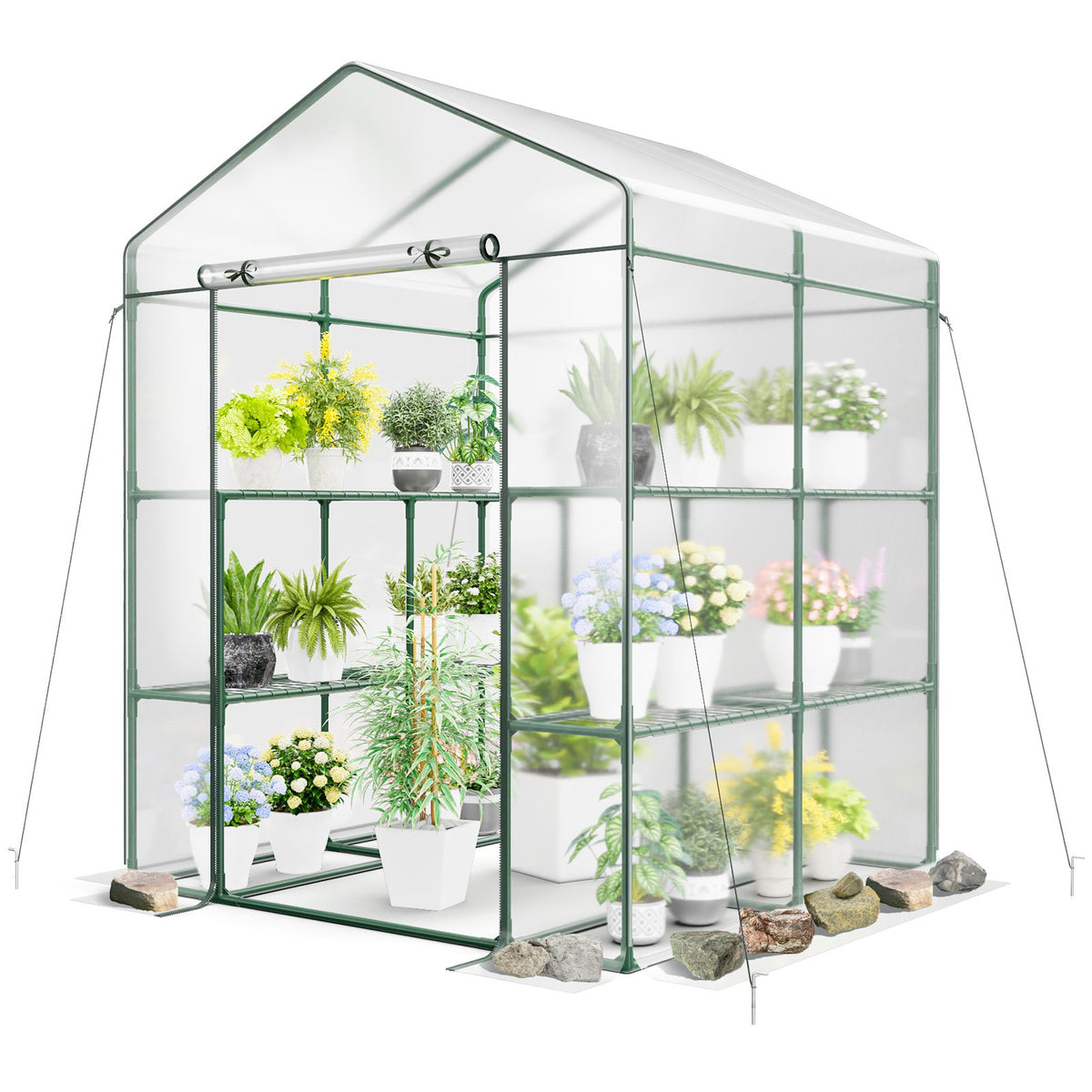 Walk-in Greenhouse with 3 Tiers 8 Shelves PVC Cover Roll-up Zippered Door view 4