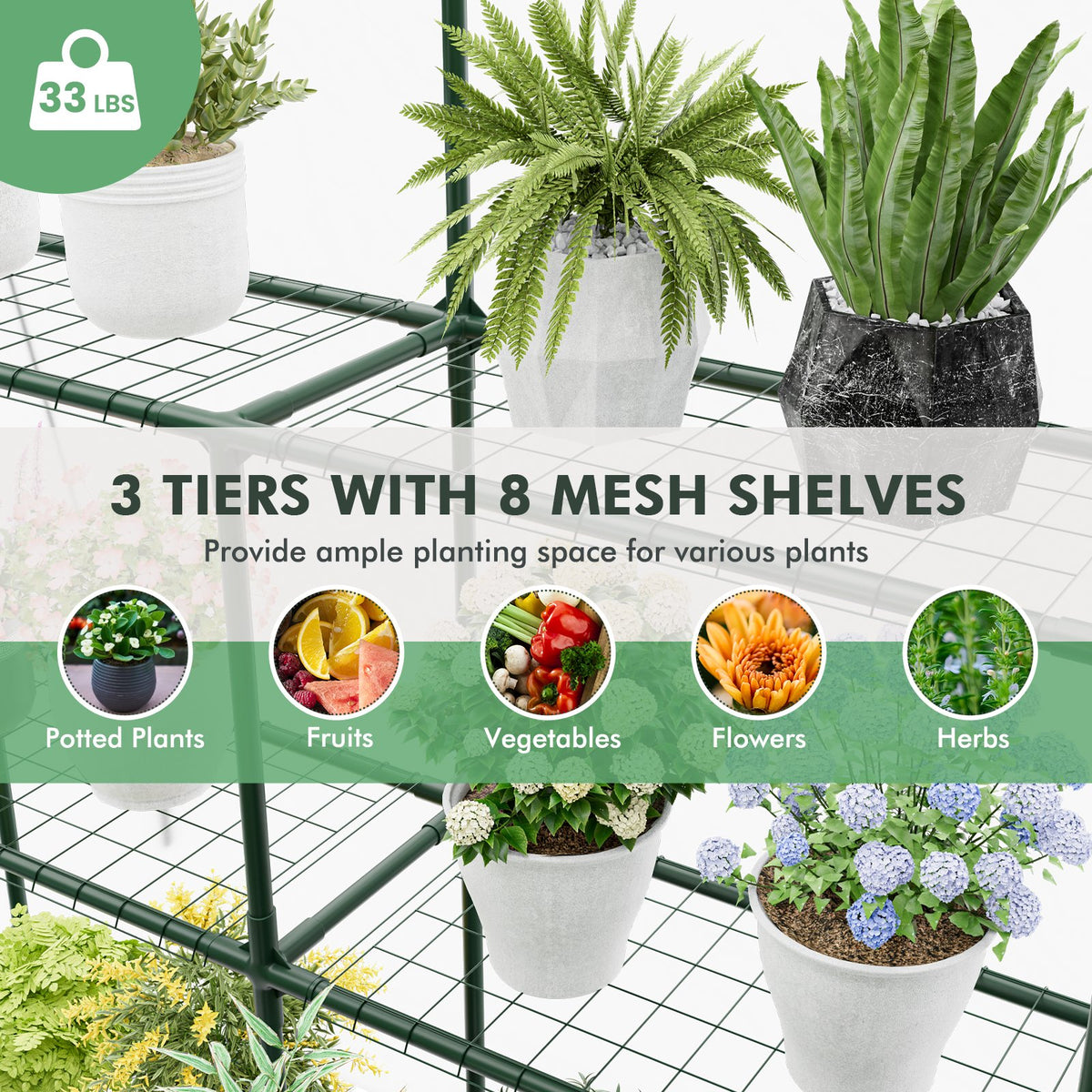 Walk-in Greenhouse with 3 Tiers 8 Shelves PVC Cover Roll-up Zippered Door view 7