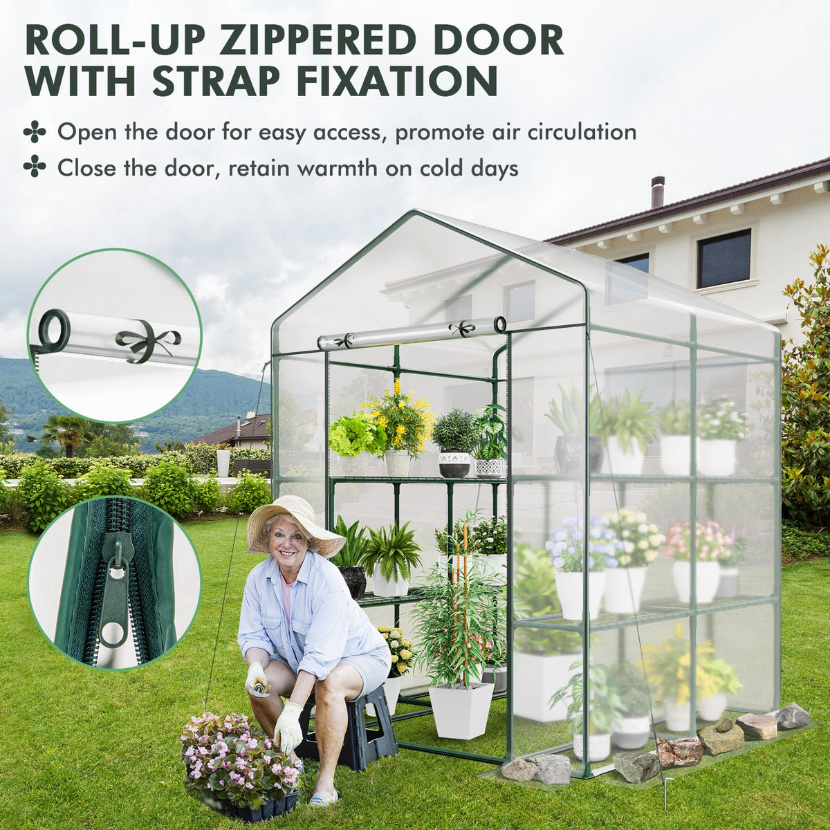 Walk-in Greenhouse with 3 Tiers 8 Shelves PVC Cover Roll-up Zippered Door view 8