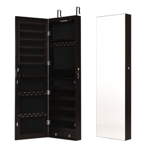 Wall And Door Mounted Mirrored Jewelry Cabinet With Lights-Brown