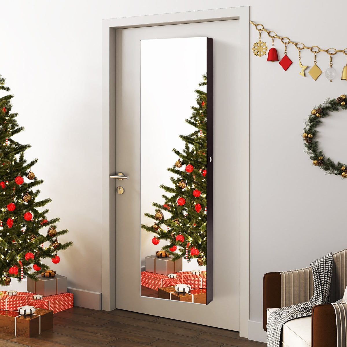 Wall And Door Mounted Mirrored Jewelry Cabinet With Lights-Brown view 2