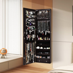 Wall And Door Mounted Mirrored Jewelry Cabinet With Lights-Brown view 3