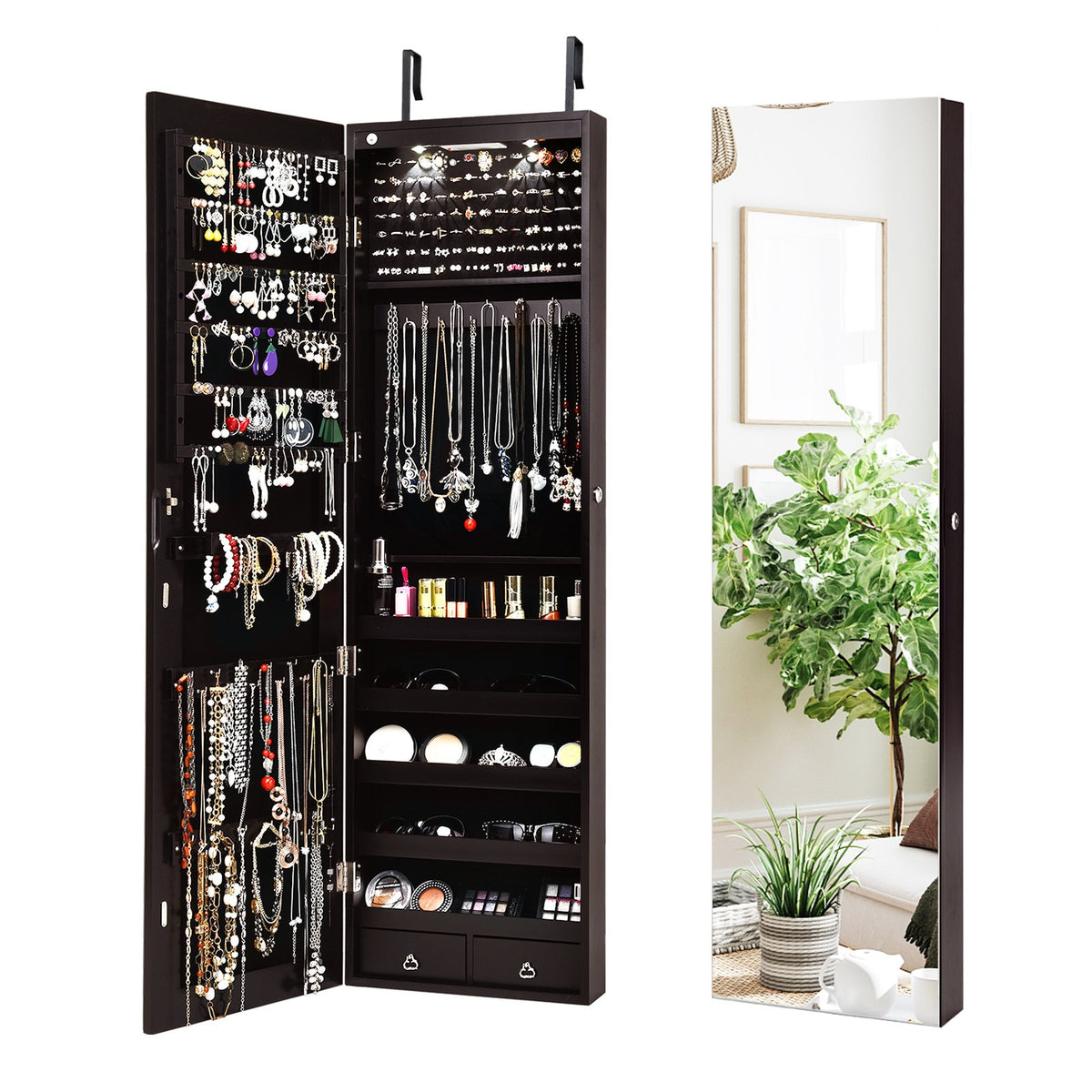 Wall And Door Mounted Mirrored Jewelry Cabinet With Lights-Brown view 4